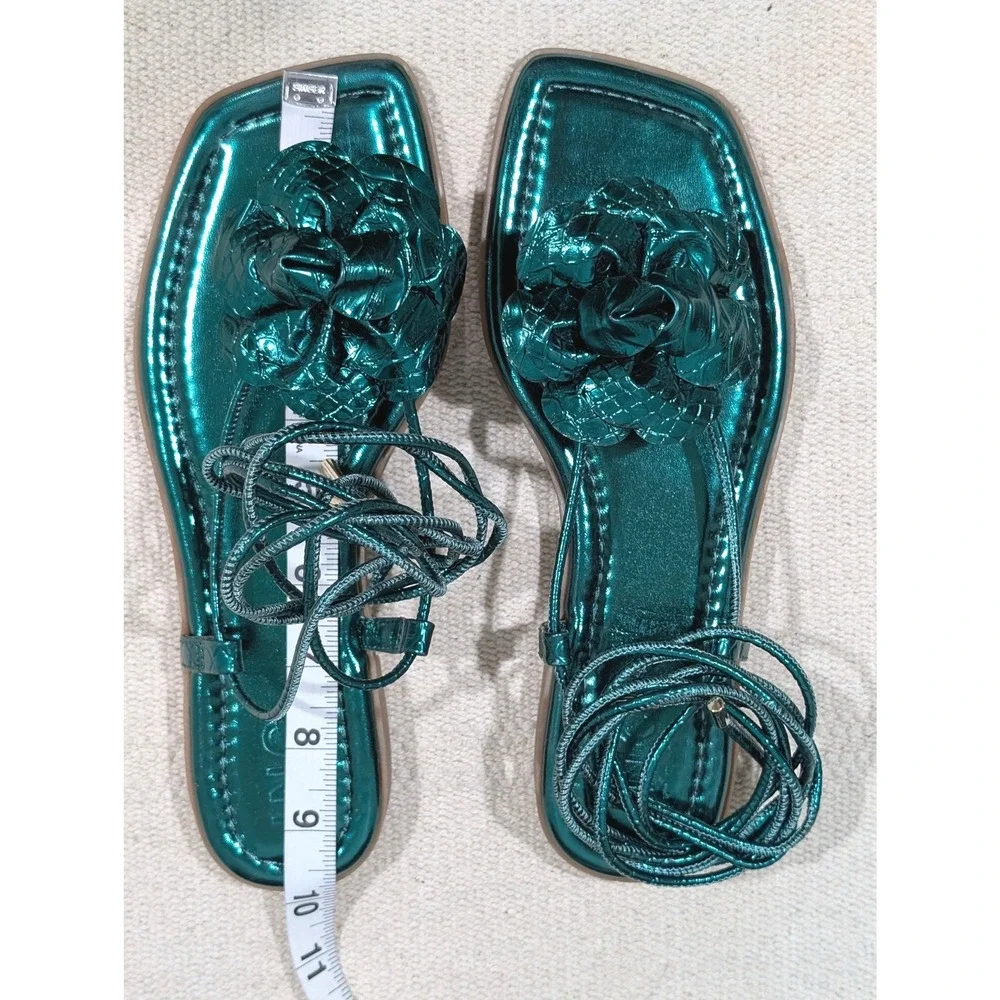 INC International Concepts Emerald Green Metallic Rosette Lace up Sandals 7.5M